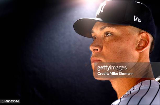 Aaron Judge of the New York Yankees poses for a portrait during media day at George M. Steinbrenner Field on February 22, 2023 in Tampa, Florida.