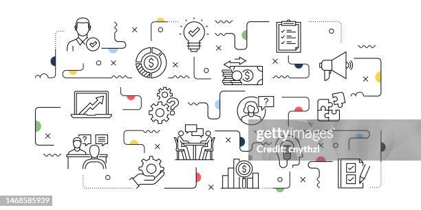 business consulting related vector banner design concept, modern line style with icons - business meeting with clients stock illustrations