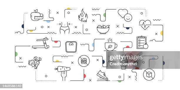 diät und gesunder lebensstil verwandte vektor banner design konzept, moderner linienstil mit symbolen - zuckerfrei stock-grafiken, -clipart, -cartoons und -symbole