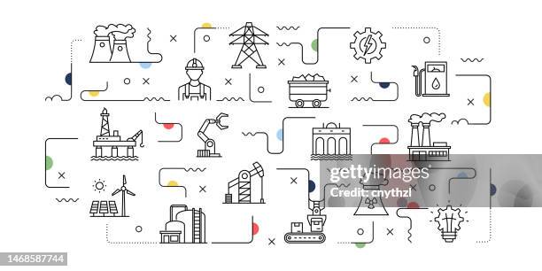 heavy and power industry related vector banner design concept, modern line style with icons - offshore platform stock illustrations