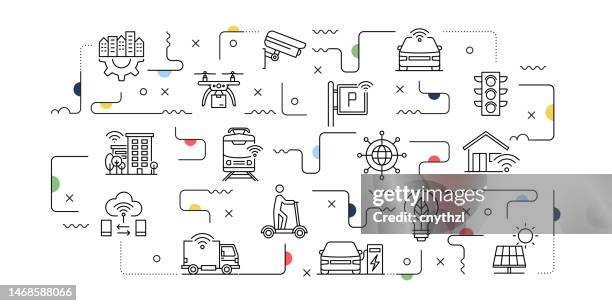 smart city related vector banner design concept, modern line style with icons - smart city stock illustrations