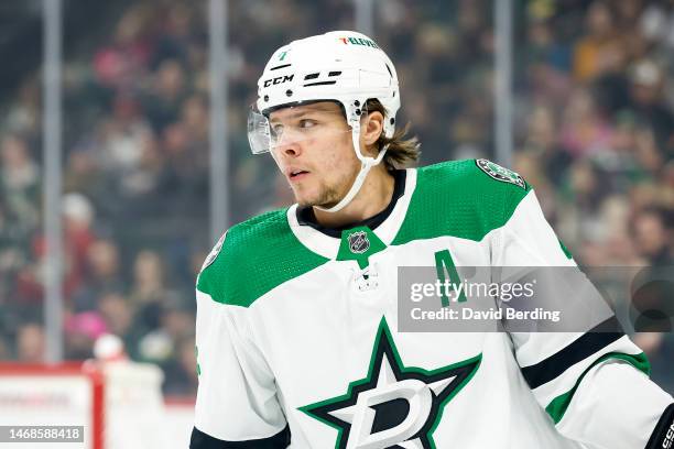 Miro Heiskanen of the Dallas Stars looks on against the Minnesota Wild in the first period of the game at Xcel Energy Center on February 17, 2023 in...