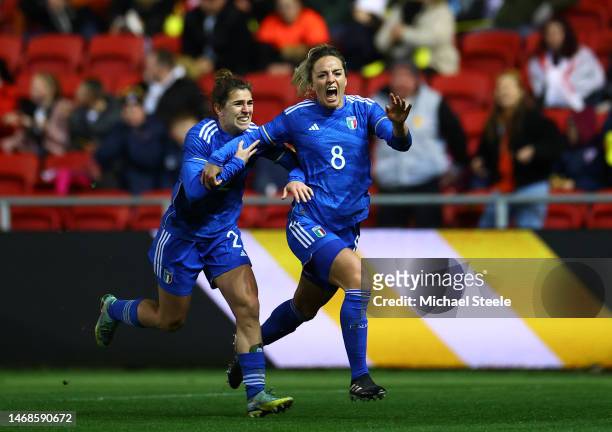 Martina Rosucci of Italy celebrates after scoring the team's second goal during the Arnold Clark Cup match between Korea Republic and Italy at Ashton...