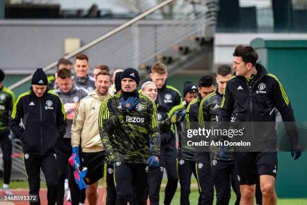 Marcel Sabitzer, Harry Maguire of Manchester United in action during a first team training session ahead of their UEFA Europa League knockout round...