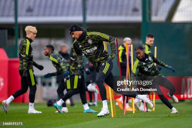 Marcus Rashford of Manchester United in action during a first team training session ahead of their UEFA Europa League knockout round play-off leg two...