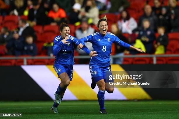Martina Rosucci of Italy celebrates after scoring the team's second goal during the Arnold Clark Cup match between Korea Republic and Italy at Ashton...