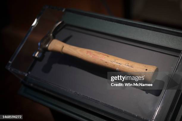 Hammer used by former U.S. President Jimmy Carter in his role at Habitat for Humanity is displayed at the Plains High School Jimmy Carter National...