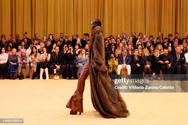 Model walks the runway at the Roberto Cavalli fashion show during the Milan Fashion Week Womenswear Fall/Winter 2023/2024 on February 22, 2023 in...