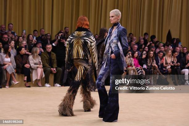 Models walk the runway at the Roberto Cavalli fashion show during the Milan Fashion Week Womenswear Fall/Winter 2023/2024 on February 22, 2023 in...