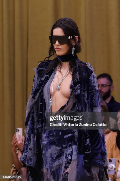 Model walks the runway at the Roberto Cavalli fashion show during the Milan Fashion Week Womenswear Fall/Winter 2023/2024 on February 22, 2023 in...