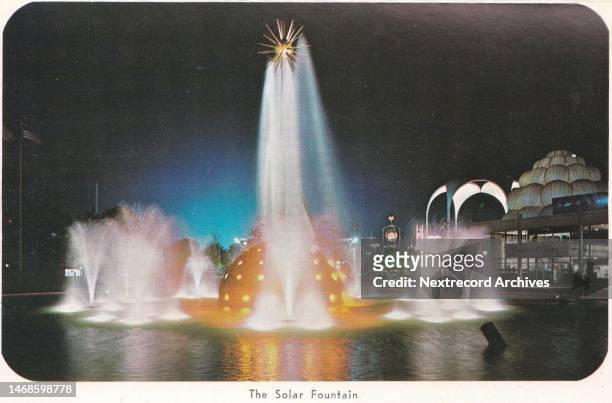 Vintage souvenir photo postcard published in 1964 depicting the vibrant landscape of the New York City World's Fair of 1964 in Flushing Meadows...