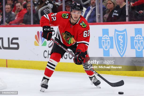 Brett Seney of the Chicago Blackhawks skates with the puck against the Vegas Golden Knights during the second period at United Center on February 21,...