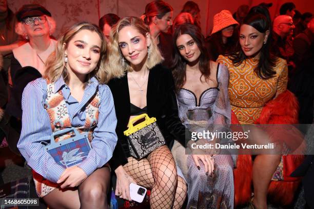 Haley Lu Richardson, Chiara Ferragni, Taylor Marie Hill and Ashley Graham are seen on the front row of the Etro fashion show during the Milan Fashion...