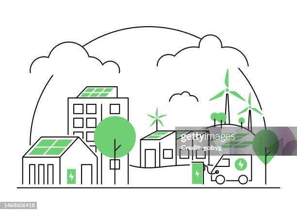 illustrations, cliparts, dessins animés et icônes de paysage des contours de l’électricité verte - maison