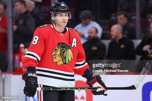 Patrick Kane of the Chicago Blackhawks looks on prior to the game against the Vegas Golden Knights at United Center on February 21, 2023 in Chicago,...