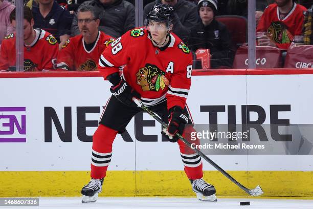 Patrick Kane of the Chicago Blackhawks controls the puck against the Vegas Golden Knights during the first period at United Center on February 21,...