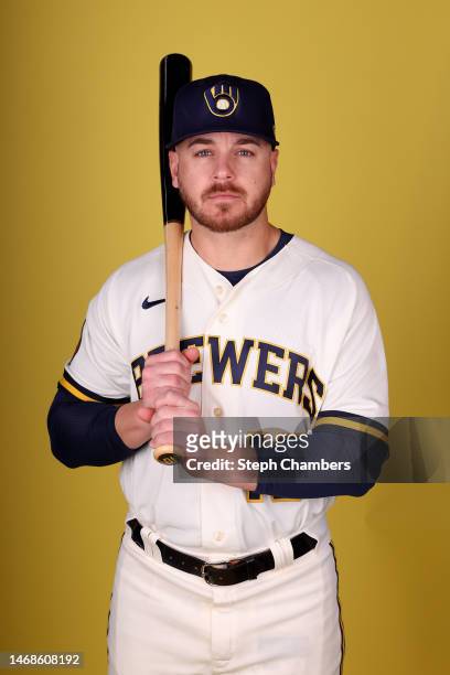 Mike Brosseau of the Milwaukee Brewers poses for a portrait during photo day at American Family Fields of Phoenix on February 22, 2023 in Phoenix,...