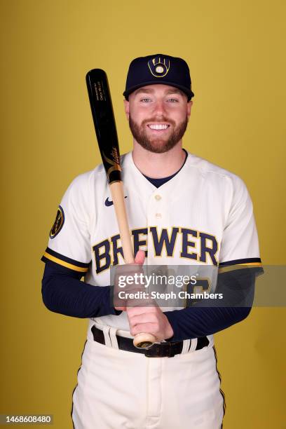 Owen Miller of the Milwaukee Brewers poses for a portrait during photo day at American Family Fields of Phoenix on February 22, 2023 in Phoenix,...