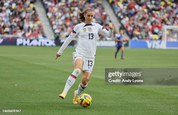 Alex Morgan of the United States against Japan during the 2023 SheBelieves Cup at GEODIS Park on February 19, 2023 in Nashville, Tennessee.