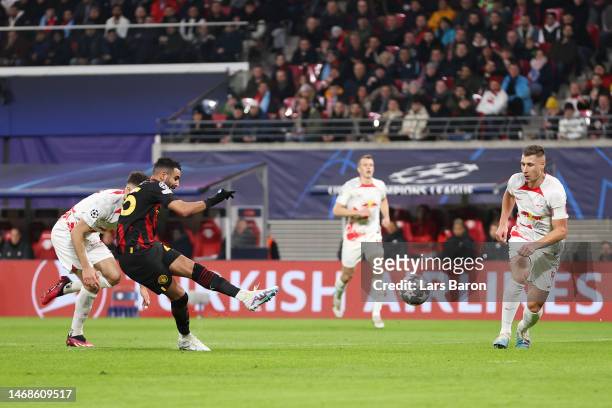 Riyad Mahrez of Manchester City scores the team's first goal during the UEFA Champions League round of 16 leg one match between RB Leipzig and...