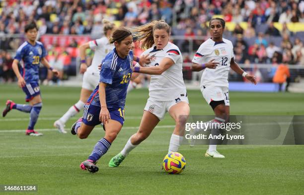 Mana Iwabuchi of Japan and Sofia Huerta of the United States in the 2023 SheBelieves Cup at GEODIS Park on February 19, 2023 in Nashville, Tennessee.