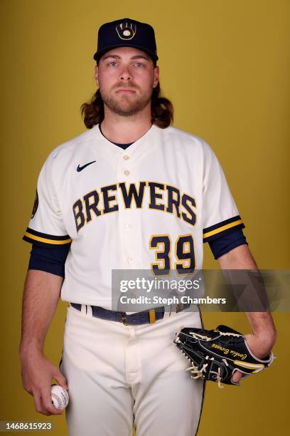 Corbin Burnes of the Milwaukee Brewers poses for a portrait during photo day at American Family Fields of Phoenix on February 22, 2023 in Phoenix,...