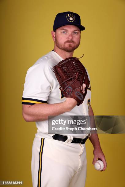 Justin Wilson of the Milwaukee Brewers poses for a portrait during photo day at American Family Fields of Phoenix on February 22, 2023 in Phoenix,...