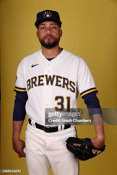 Joel Payamps of the Milwaukee Brewers poses for a portrait during photo day at American Family Fields of Phoenix on February 22, 2023 in Phoenix,...