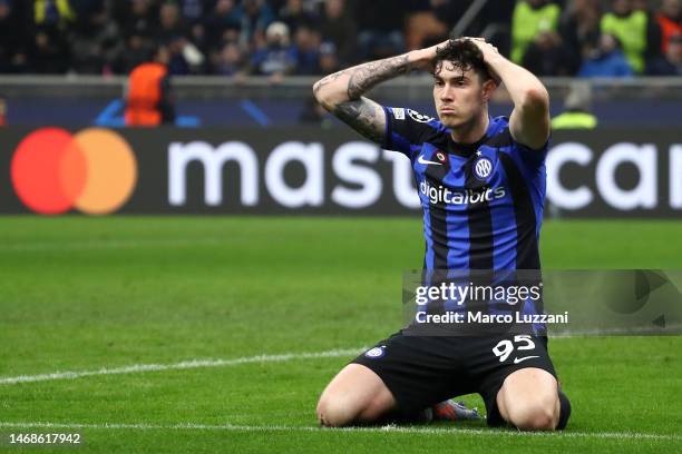 Alessandro Bastoni of FC Internazionale reacts after a missed chance during the UEFA Champions League round of 16 leg one match between FC...