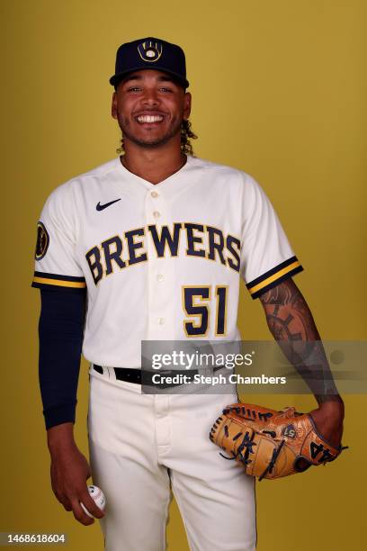 Freddy Peralta of the Milwaukee Brewers poses for a portrait during photo day at American Family Fields of Phoenix on February 22, 2023 in Phoenix,...