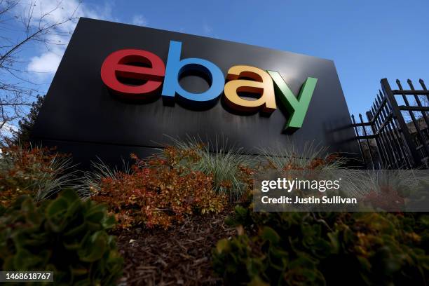 Sign is posted in front of eBay headquarters on February 22, 2023 in San Jose, California. E-commerce company eBay will report fourth quarter...