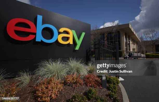 Sign is posted in front of eBay headquarters on February 22, 2023 in San Jose, California. E-commerce company eBay will report fourth quarter...