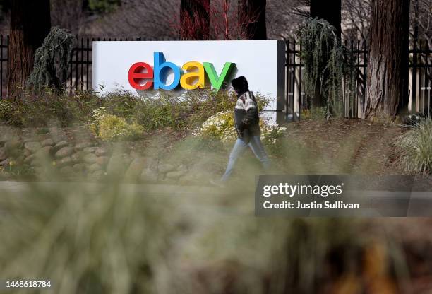 Sign is posted in front of eBay headquarters on February 22, 2023 in San Jose, California. E-commerce company eBay will report fourth quarter...