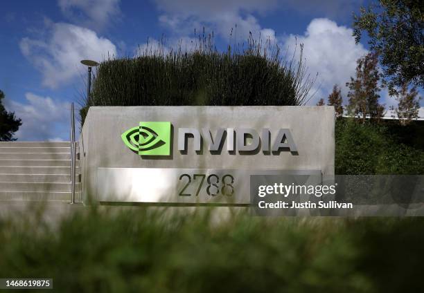 Sign is posted in front of Nvidia headquarters on February 22, 2023 in Santa Clara, California. Chipmaker Nvidia will report fourth quarter earnings...