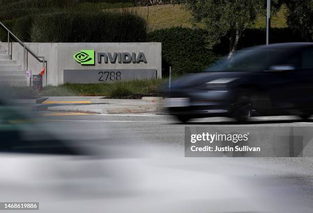 Sign is posted in front of Nvidia headquarters on February 22, 2023 in Santa Clara, California. Chipmaker Nvidia will report fourth quarter earnings...