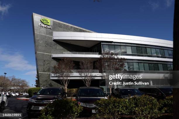 An exterior view of Nvidia headquarters on February 22, 2023 in Santa Clara, California. Chipmaker Nvidia will report fourth quarter earnings today...