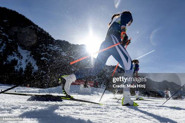 An athlete of Finland competes during the Cross-Country Women's Sprint Final Classic at the FIS Nordic World Ski Championships Planica on February...