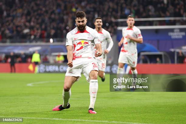 Josko Gvardiol of RB Leipzig celebrates after scoring the team's first goal during the UEFA Champions League round of 16 leg one match between RB...