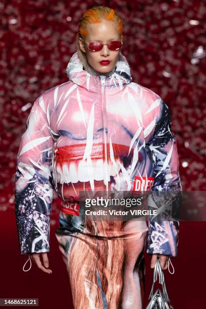 Model walks the runway during the Diesel ready to Wear Fall/Winter 2023-2024 show as part of the Milan Fashion Week on February 22, 2023 in Milan,...