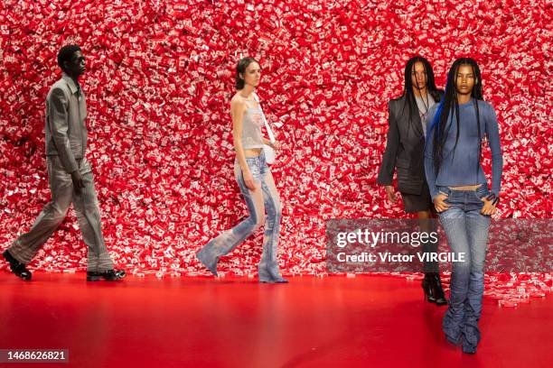 Model walks the runway during the Diesel ready to Wear Fall/Winter 2023-2024 show as part of the Milan Fashion Week on February 22, 2023 in Milan,...