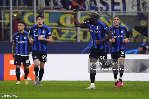 Romelu Lukaku of FC Internazionale celebrates his first goal during the UEFA Champions League round of 16 leg one match between FC Internazionale and...