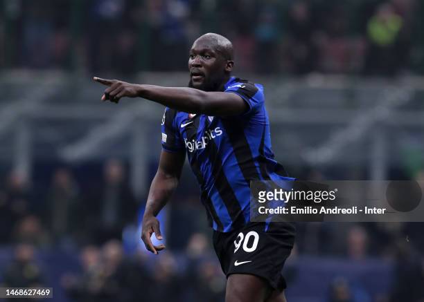 Romelu Lukaku of FC Internazionale celebrates after scoring their team's first goal during the UEFA Champions League round of 16 leg one match...