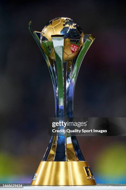 Club World Cup trophy prior the game during the LaLiga Santander match between Real Madrid CF and Elche CF at Estadio Santiago Bernabeu on February...