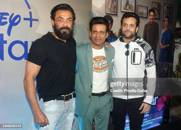 Bobby Deol, Manoj Bajpai and Fardeen Khan attend the screening of Disney+ Hotstar film "Gulmohar" on February 22, 2023 in Mumbai, India.