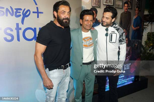 Bobby Deol, Manoj Bajpai and Fardeen Khan attend the screening of Disney+ Hotstar film "Gulmohar" on February 22, 2023 in Mumbai, India.