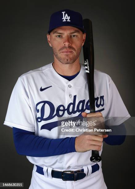 Freddie Freeman of the Los Angeles Dodgers poses for a portrait during MLB photo day at Camelback Ranch on February 22, 2023 in Glendale, Arizona.