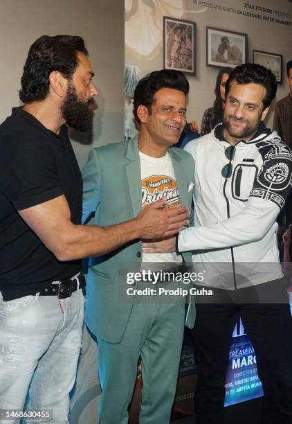 Bobby Deol, Manoj Bajpai and Fardeen Khan attend the screening of Disney+ Hotstar film "Gulmohar" on February 22, 2023 in Mumbai, India.