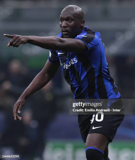 Romelu Lukaku of FC Internazionale celebrates after scoring their team's first goal during the UEFA Champions League round of 16 leg one match...