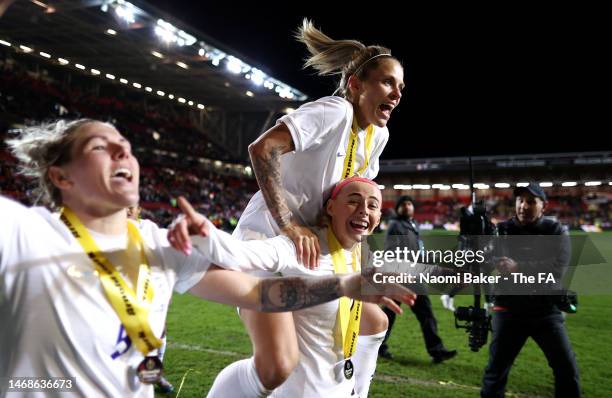 Millie Bright, Rachel Daly and Chloe Kelly of England celebrate following the Arnold Clark Cup match between England and Belgium at Ashton Gate on...