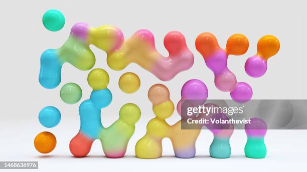 vibrant color 3d render. abstract liquid spheres floating on white background - bund stock-fotos und bilder